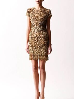 Naeem Khan Metallic Gold Beaded Fringe Midi Dress